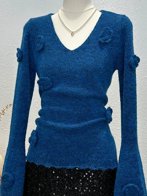 

Design Sensation Knitted Top Women Early Autumn Faionable Bell Sve V-ne ular Beautiful Upper Body Warmth