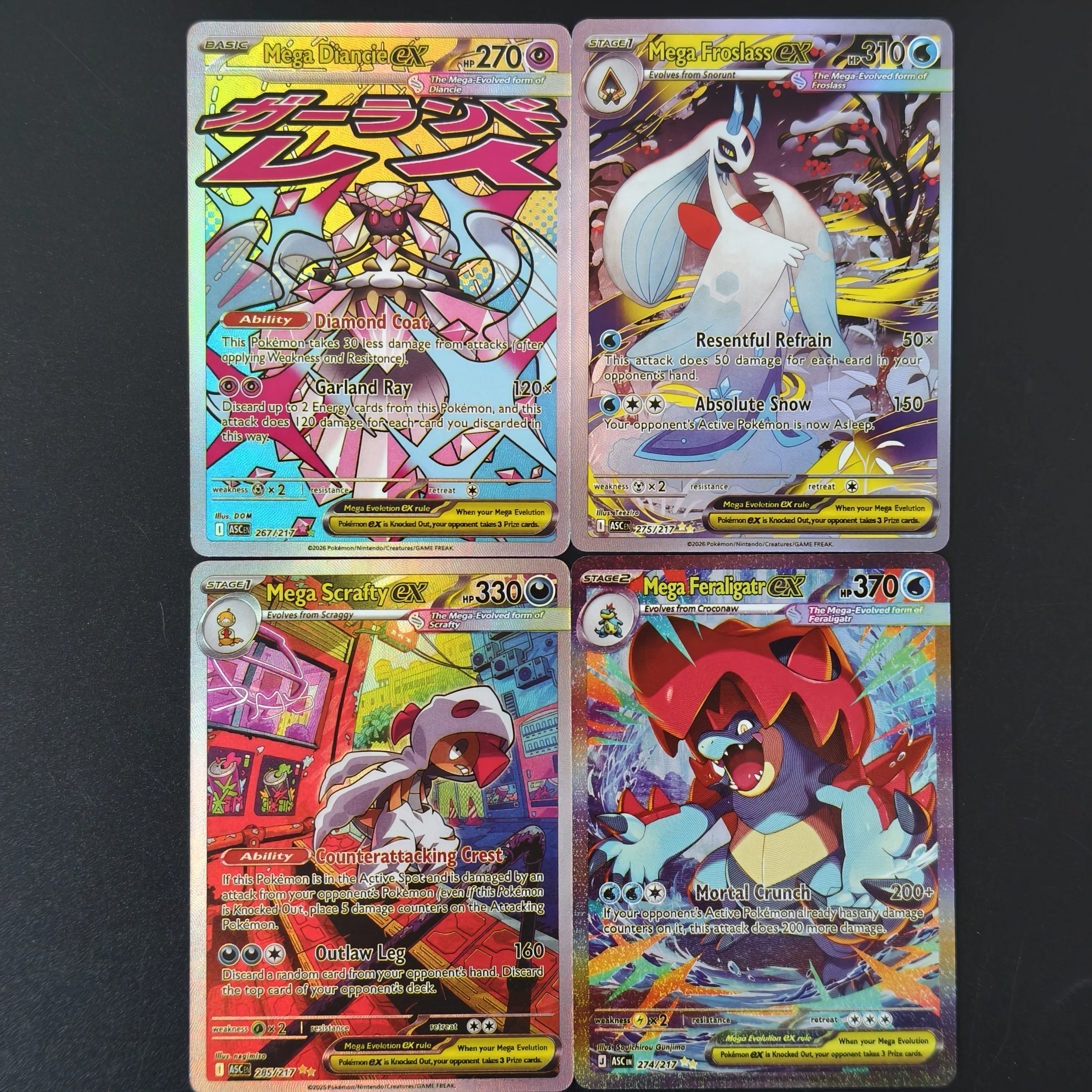 4PCS/Proxy Pokemon Collection Card English ASC Mega EX Full Art Rainbow Series Card Diancie Froslass Scrafty Feraligatr Cards view 6
