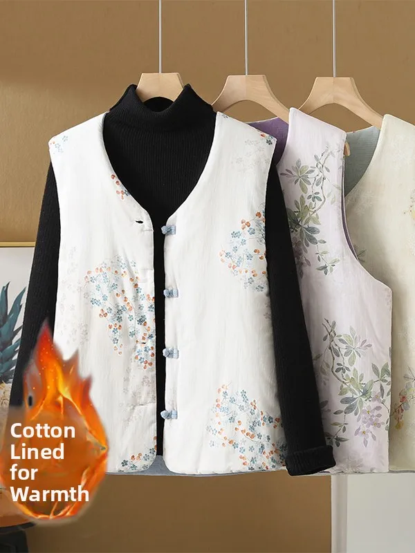 

Thiened Double-sided Wear Women's Vest Winter New Sle Retro Button Warm Bal Top Commute Sle Floral Embroidery