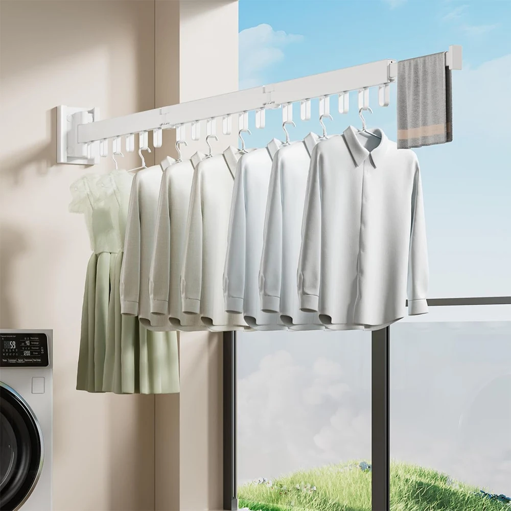 Folding Clothes Hanger Retractable Cloth Drying Rack Indoor & Outdoor Wall Mount Space Saving Aluminum Home Laundry Clothesline