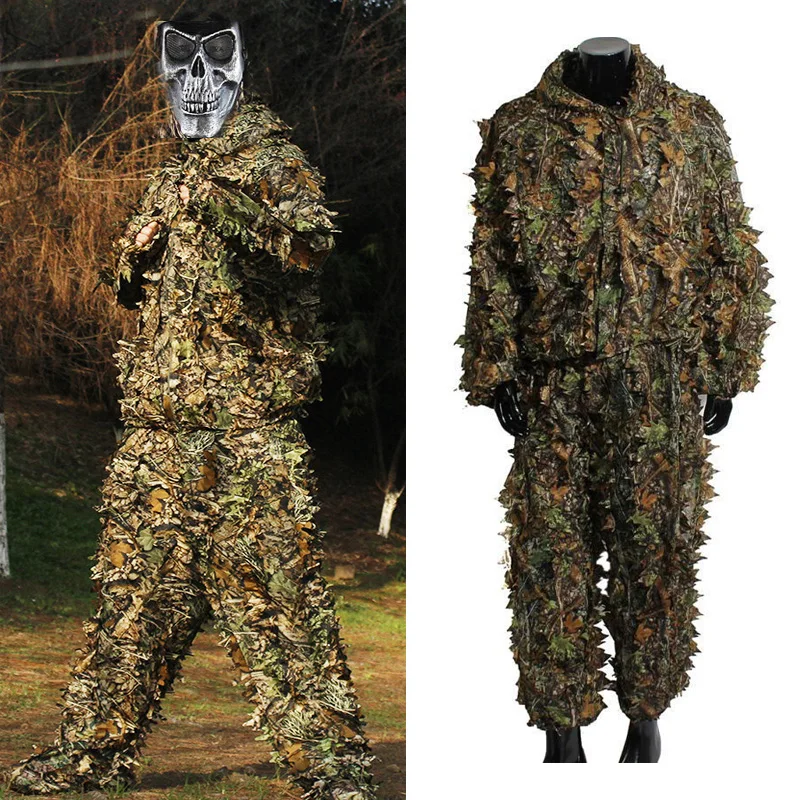 Ghillie สูท 3d Camouflage การล่าสัตว์ Woodland Leaf กลางแจ้ง Maple ยิง Sniper Birdwatch Jungle Hooded ชุดยุทธวิธีเสื้อผ้า