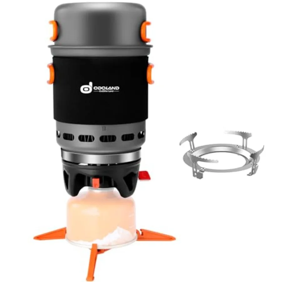 Heat Exchange Camping Pot with Backpacking Stove 7-In-1 Camping Cookware Mess Kit for Hiking Trekking Fishing and Picnic