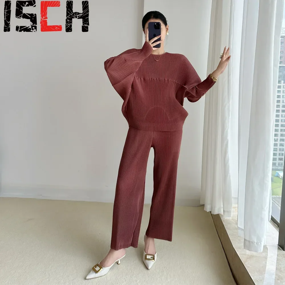 Pleats Pleated Long Pants Set Fall Casual Slim Senior Sense Set Bat Sleeve Long Sleeve Top Loose Pants Two-piece Set Clothing