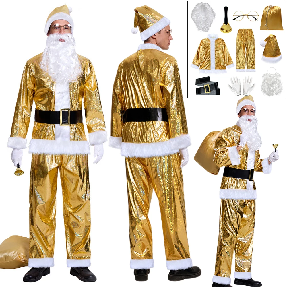

10 шт., костюм Санта-Клауса для взрослых и мужчин, золотой блестящий рождественский нарядный костюм Санта-Клауса для косплея, полный комплект, комплект для выступлений и вечеринки