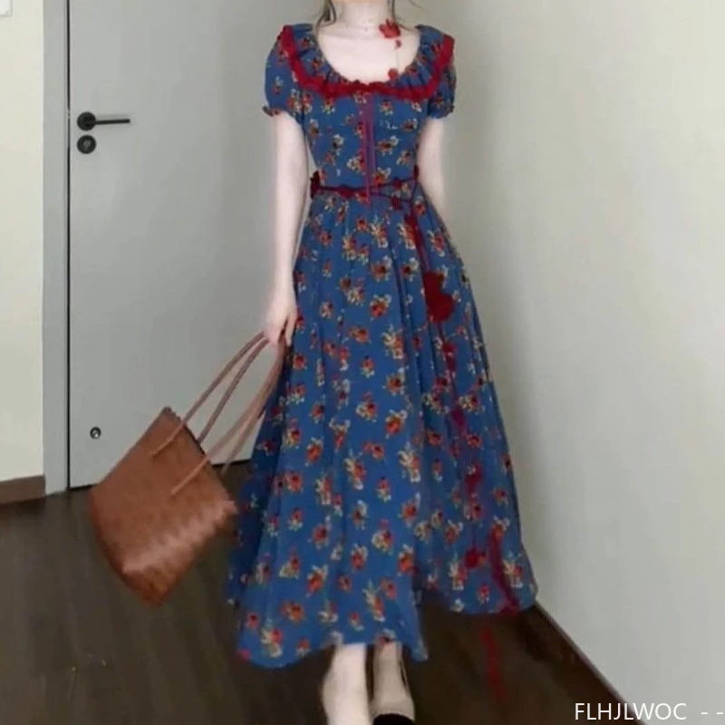 Retro Vintage Ruffles Long Dresses Mori Girls Village Rural Summer Holiday Date Flower Floral Print
