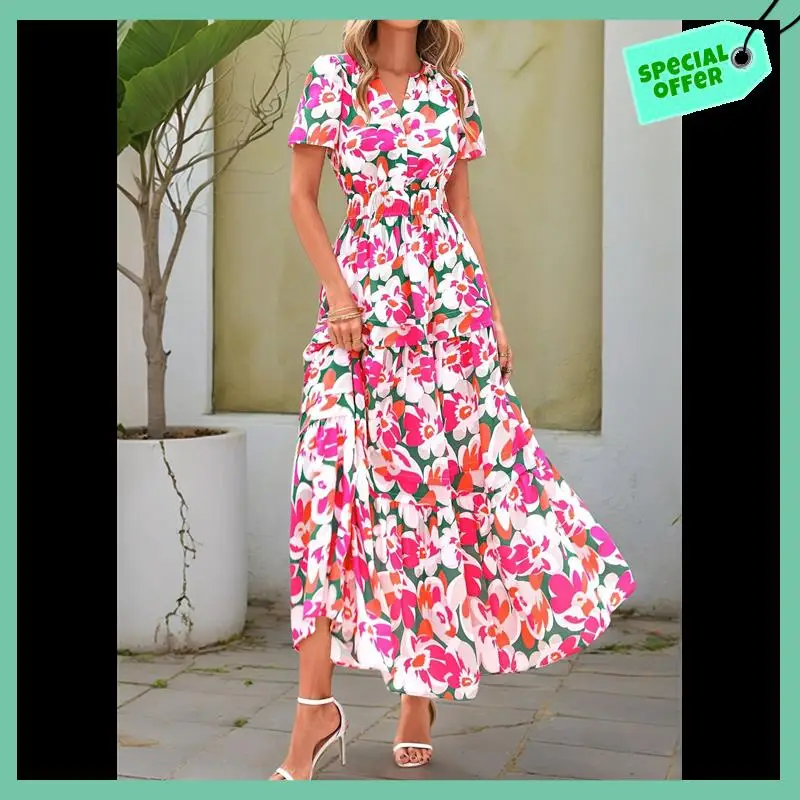 

Sturdy Women's 2025 Summer Boho Maxi Dresses Floral Short Sleeve V Neck A Line Tiered Flowy Long Beach Vacation Dress