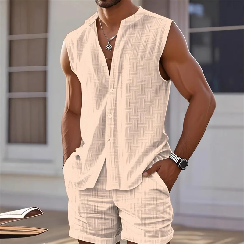 2025 nova camisa de colete masculino, topo sem mangas e shorts xadrez conjunto de duas peças, casual na moda sem mangas shorts havaiano praia conjunto