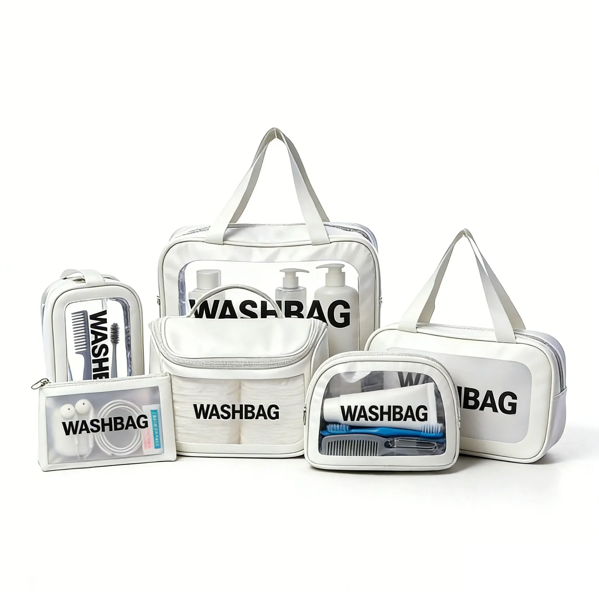 6-Piece White Travel Organizer Bag Set – PU & Frosted PVC Cosmetic and Toiletry Bags with Zipper Closure