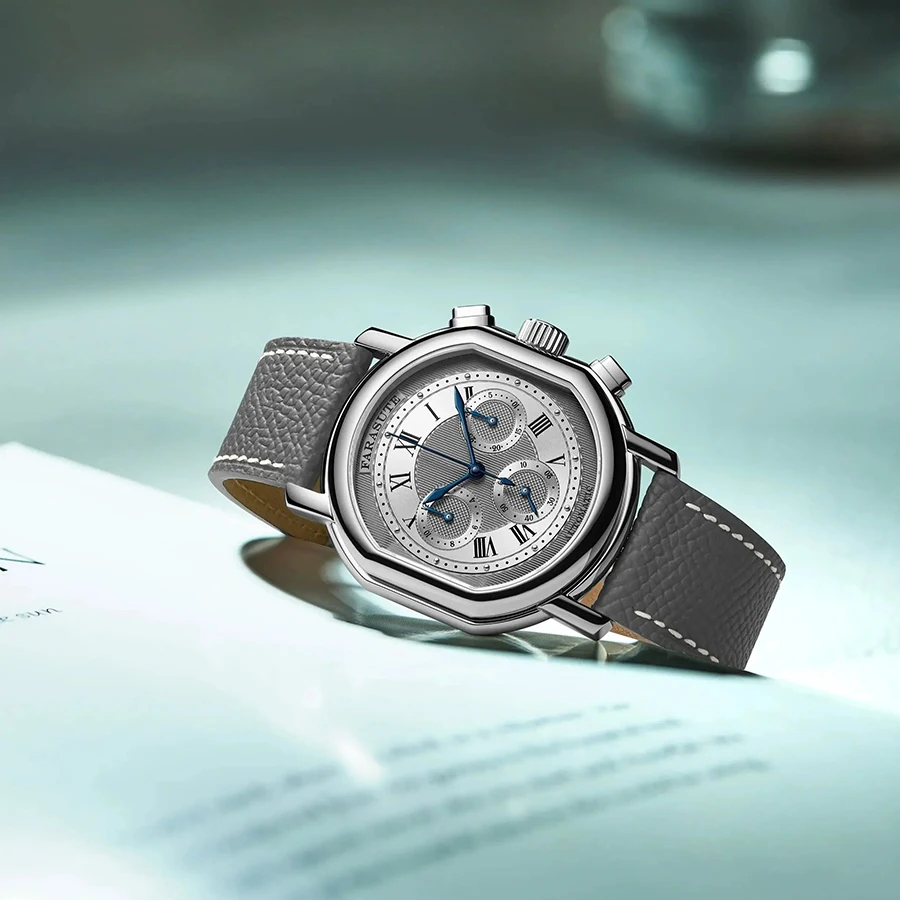 FARASUTE Men Automatic Watch 38mm Oval Chronograph Mechanical Wristwatch Sapphire 3Bar Waterproof Triples Windows Peacock 4801