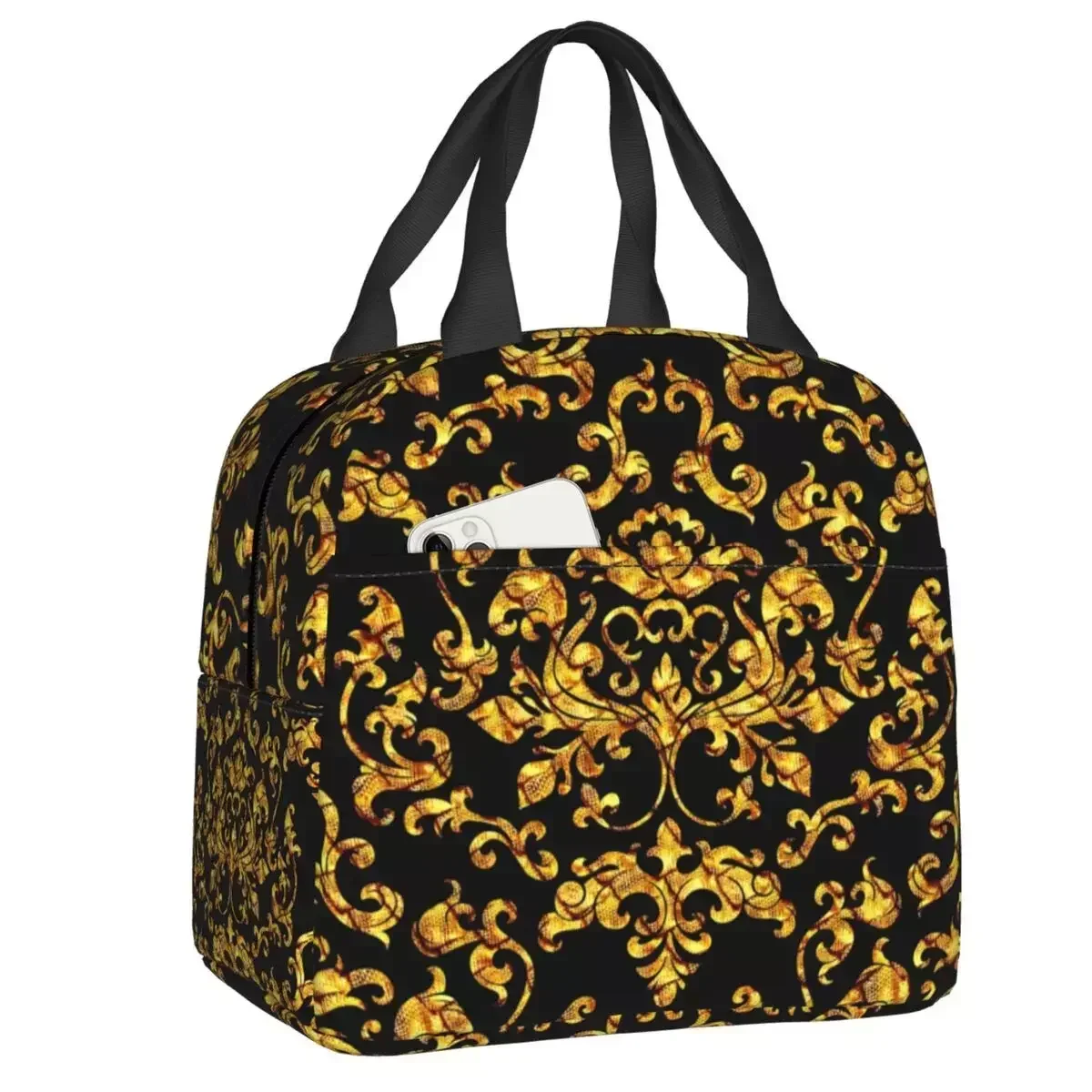 2023 New Golden Flower Pattern Insulated Lunch Bag For Women Resuable Floral Cooler Thermal Lunch Box Kids School Children