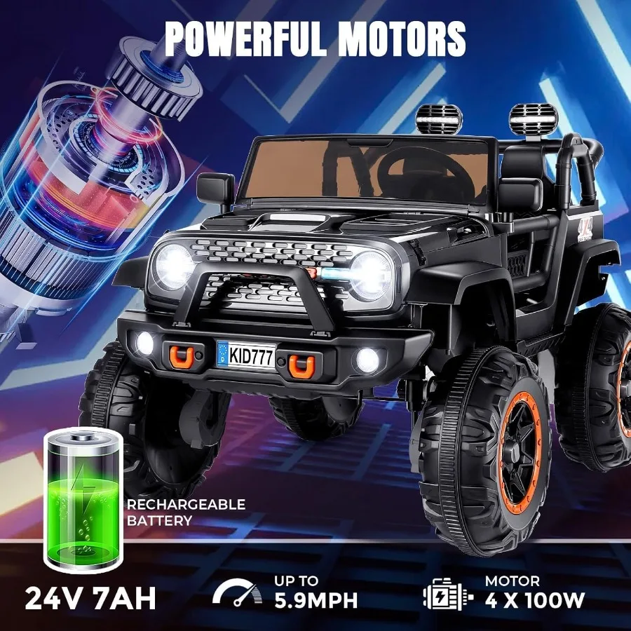 Camion électrique 24 V, camion alimenté par batterie 2 places avec siège large de 20", roues puissantes 4 x 100 W, musique, télécommande, LE