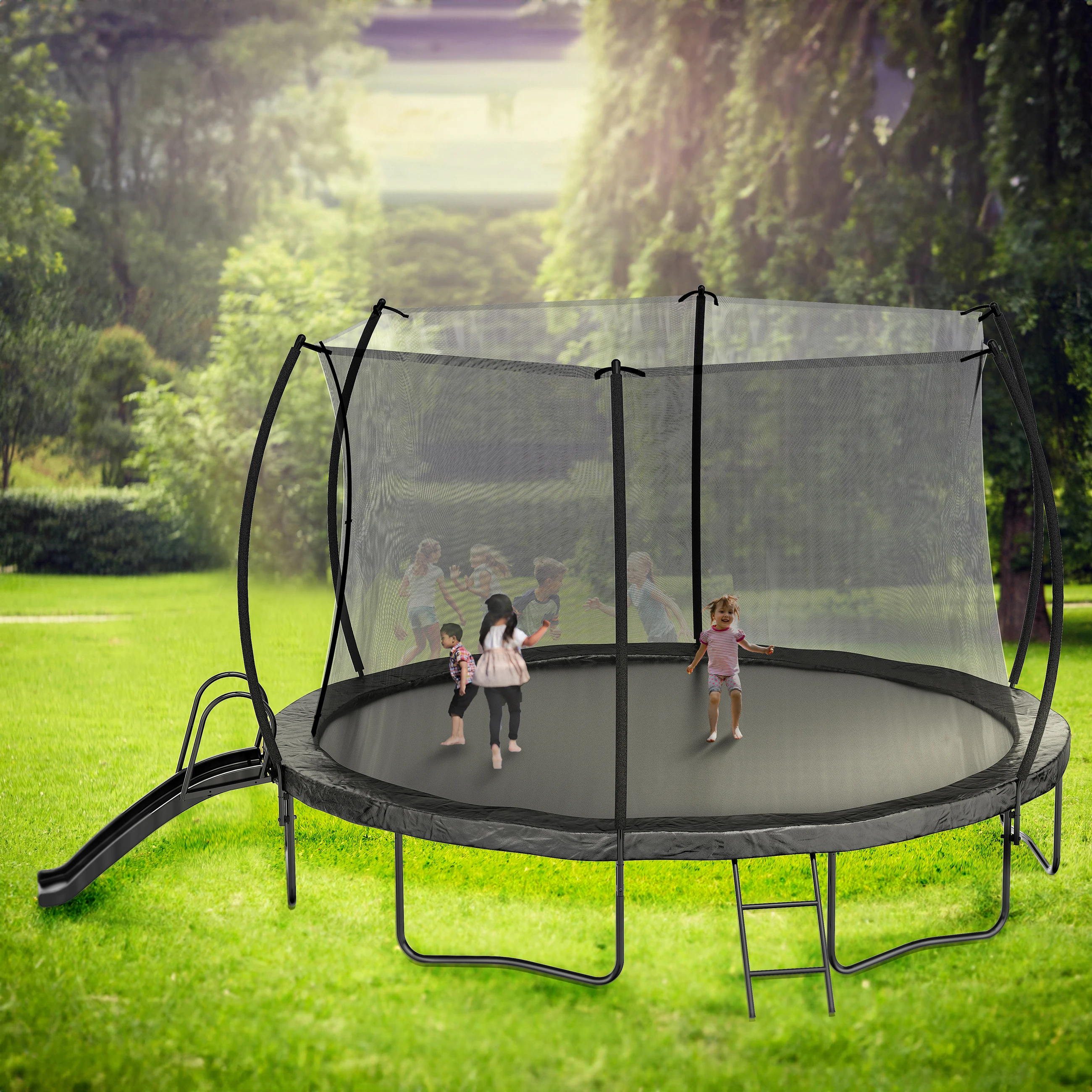 14FT Trampoline with Slide , Outdoor Pumpkin Trampoline for Kids and Adults with Enclosure Net and Ladder