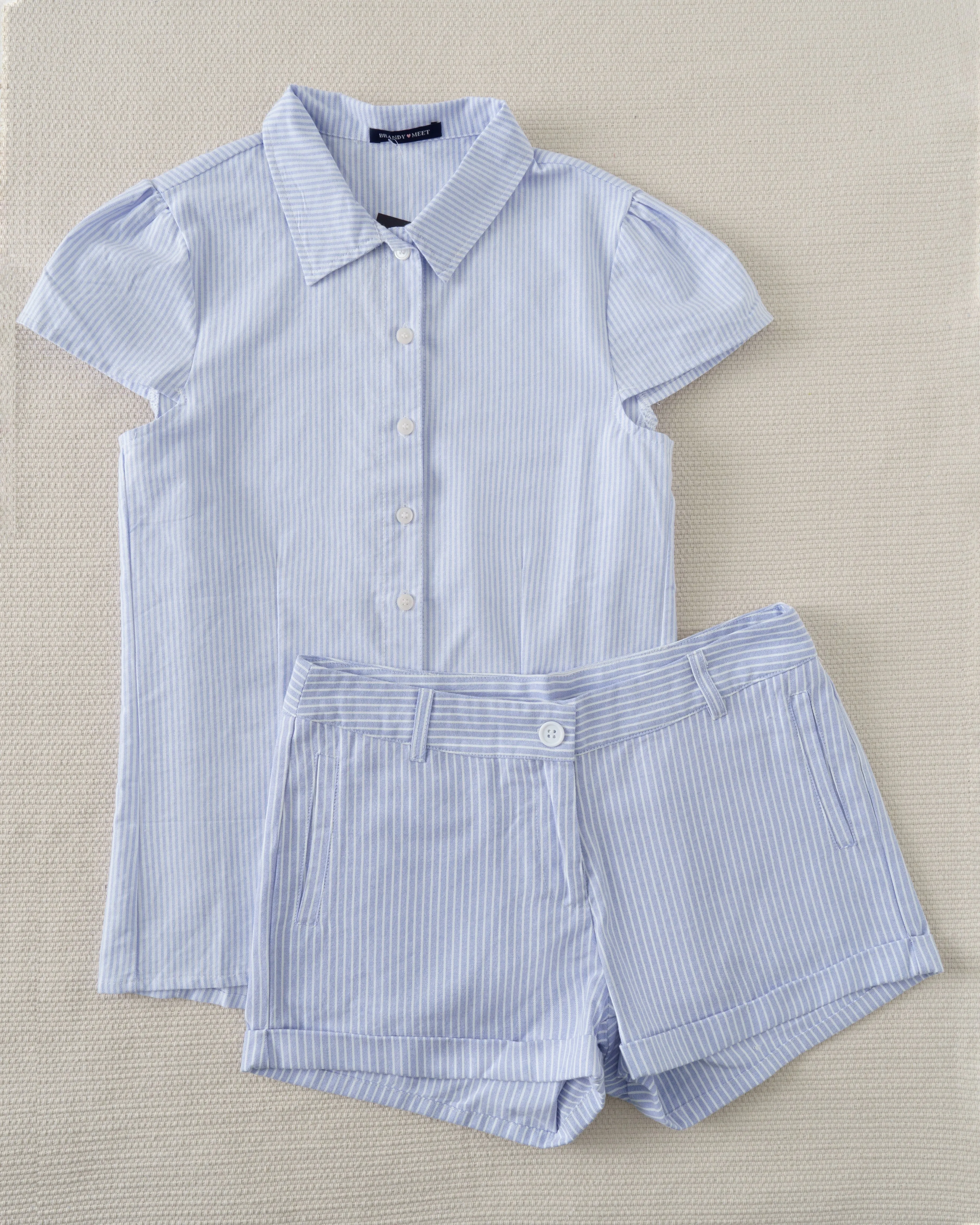 

Blue Striped Blouse T-shirt Short Set Women Summer Buttons Slim Tees+Straight Sweatshorts Outfits Sweet Home Pajama 2 Piece Sets