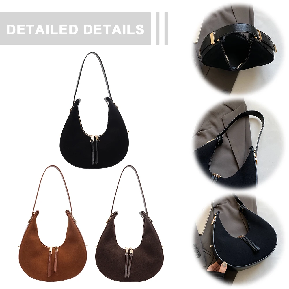 

Women Faux Suede Shoulder Bag Fashion Underarm Bag Large Capacity Stylish Half Moon Bag Zip Closure Top Handle Bag Chic Hobo Bag