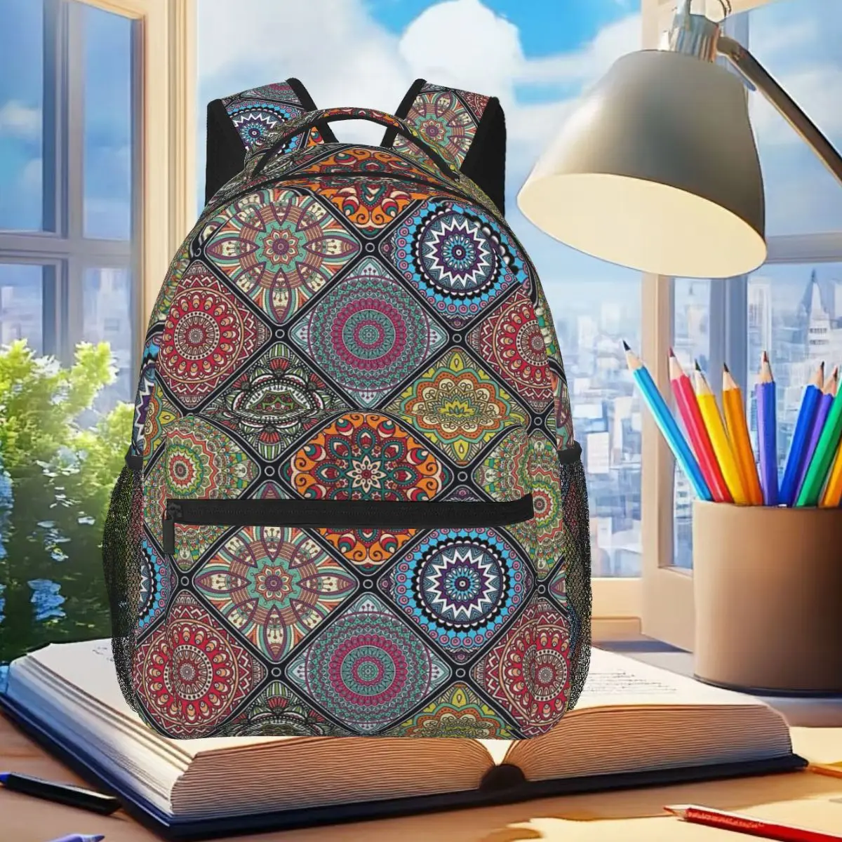 

Mandala Bohemian Plaid Floral Design Backpack Student Boys Girls BookBag Children School Bag Laptop Shoulder Bags for Men Women