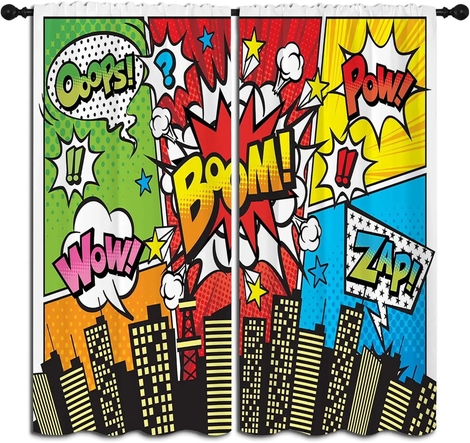 Superhero City Wars Explosion Rod Pocket Blackout Curtains for Boy Girl Bedroom, Colorful Comics Ar Home Energy Efficient Light