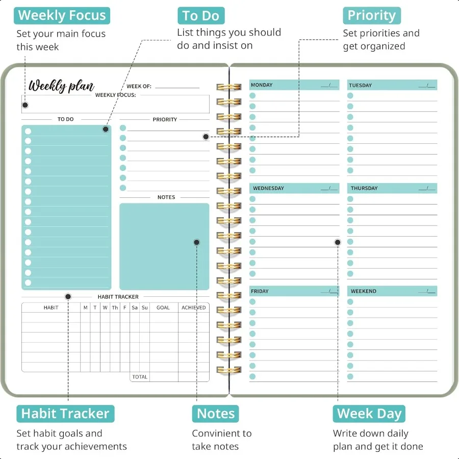 Undated Weekly Planner Weekly To Do List Notebook with Goal Habit Tracker Organizer A5 Weekly Planner Notebook with Spiral Bind