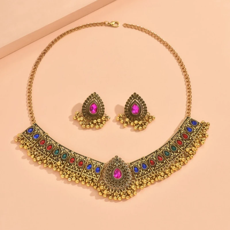 

Этнический стиль, винтажные бусины с кисточками, кулон, ожерелье, серьги, набор для женщин, металлические капли воды, красочные каменные украшения, набор подарков