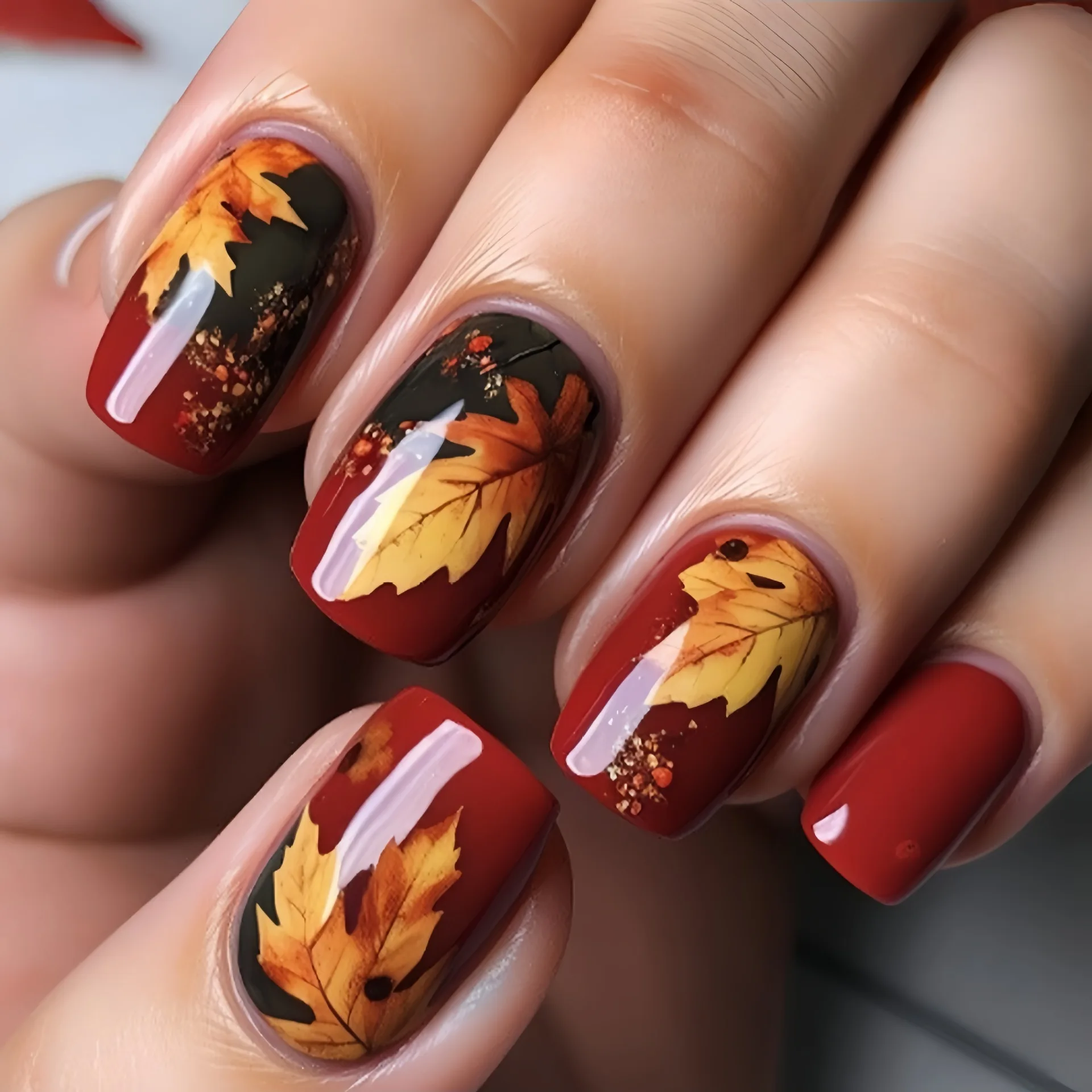Mittellange künstliche Nägel für Frauen und Mädchen, rotbraun, gelb, Ahornblatt-Design, Y2K, vollflächige quadratische Mandel-Nagelspitzen, zum Aufkleben, falsche Nägel