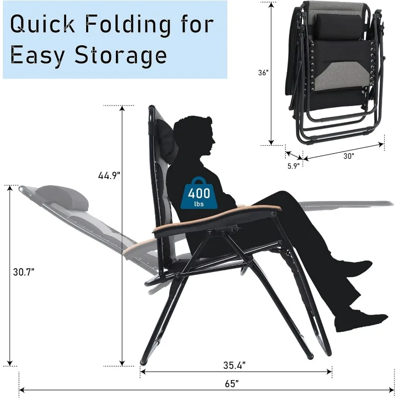 XXL Oversized Padded Zero Gravity Chair, Foldable Patio Recliner, 30" Wide Seat Anti Gravity Lounger with Cup Holder