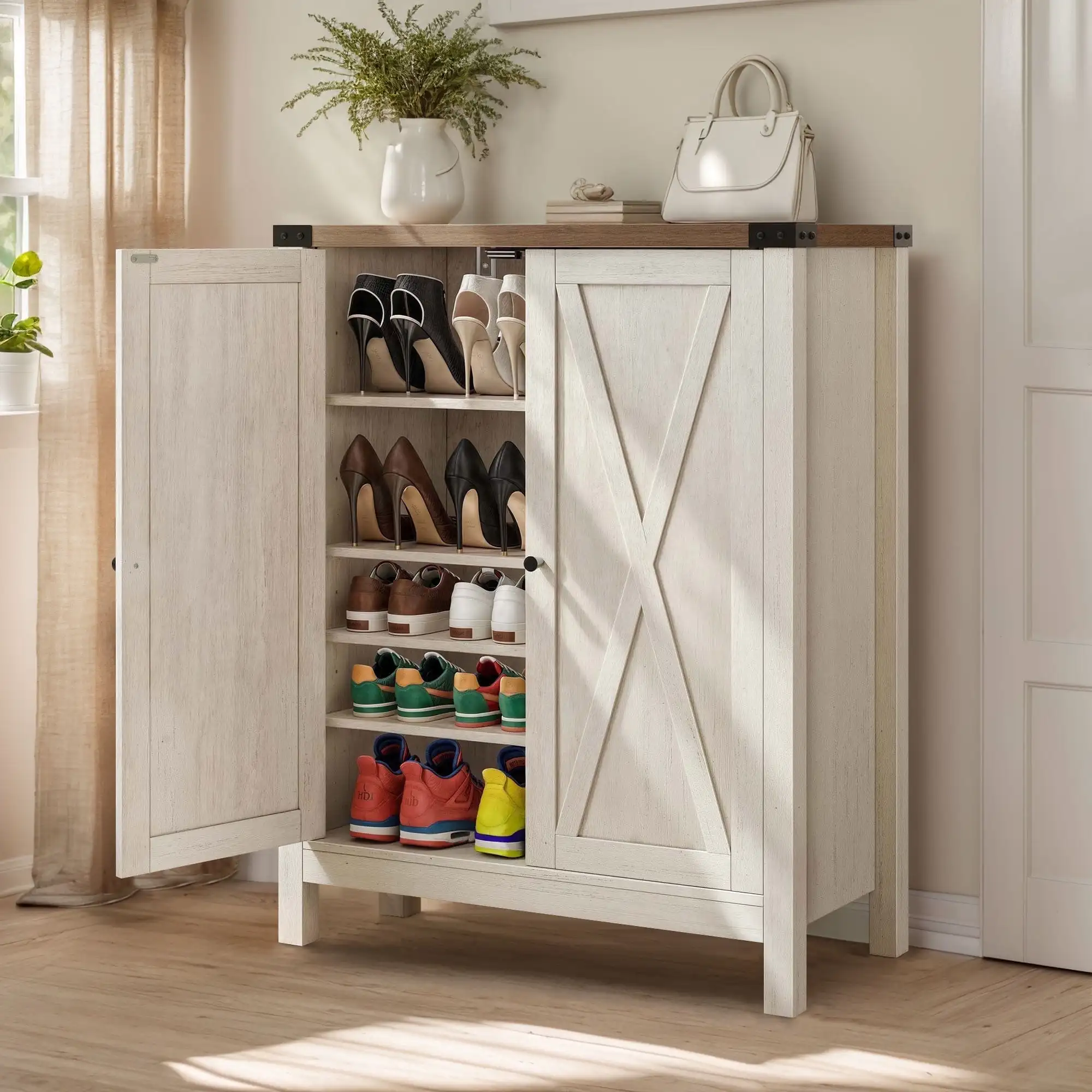 Farmhouse Shoe Cabinet with Barn Doors, 5-Tier Wood Shoe Storage Rack Organizer for Entryway/Hallway/Closet, Beige