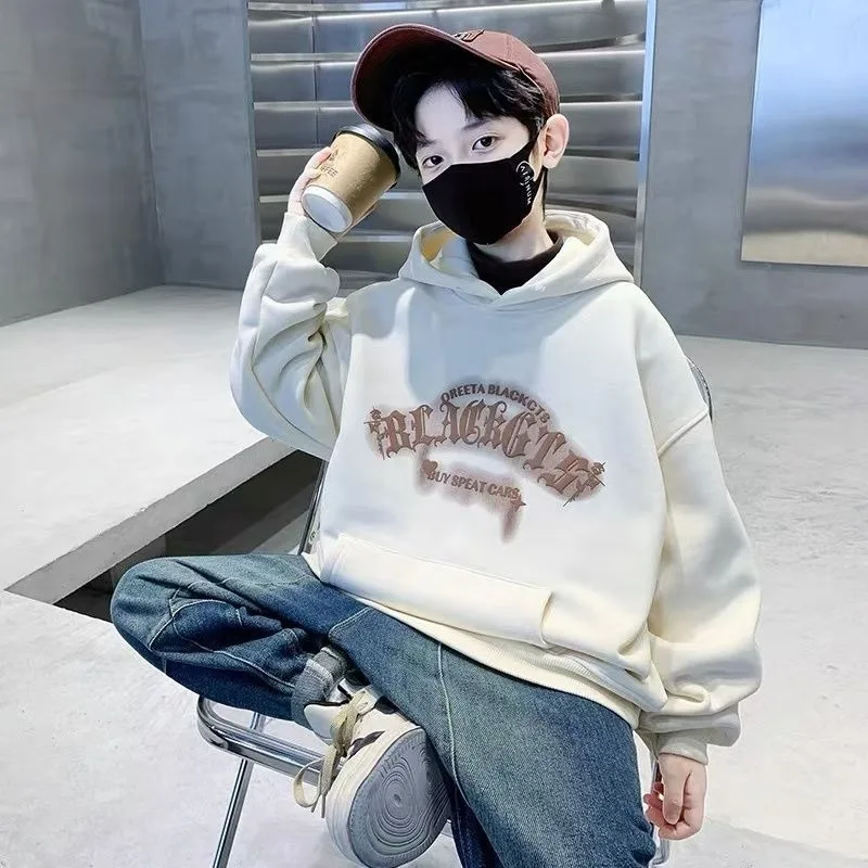 

Новинка 2023 года, утолщенная стильная толстовка с капюшоном средней и большой флисовой подкладкой для мальчиков — осенне-зимний базовый слой для детей