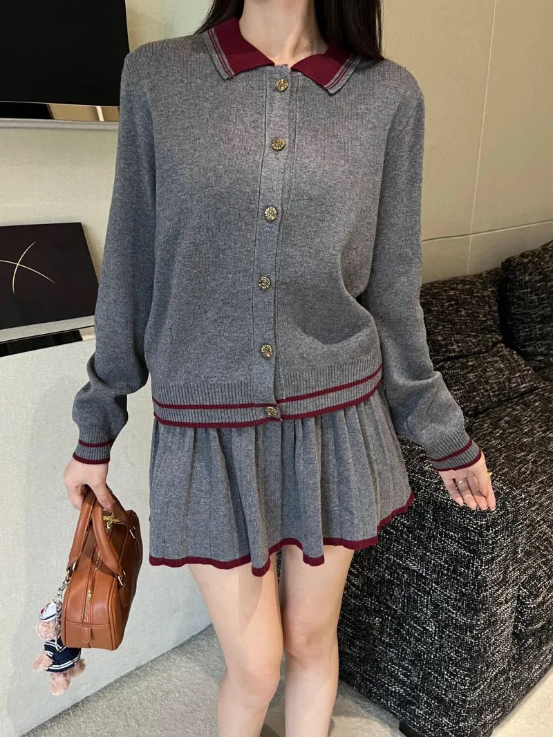 2024 Autumn/Winter New Women's Sweater College Style Fashionable Exquisite Collar Cardigan 100% Wool Knitted Two Piece Set