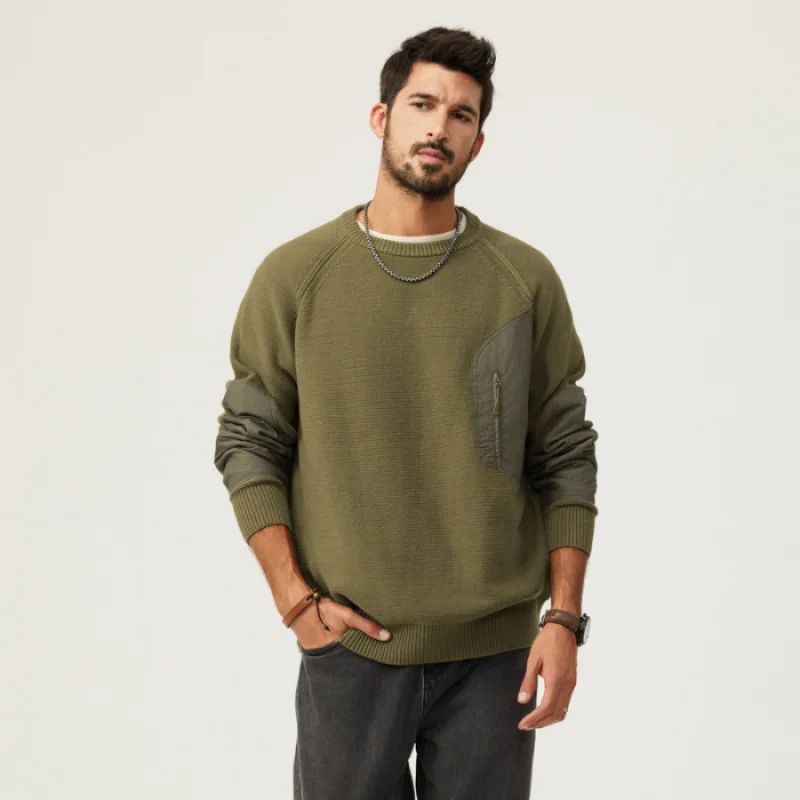 

High-end fall men's work style knitwear patchwork colorblocking casual loose sweater zipper pockets round neck pullover tops