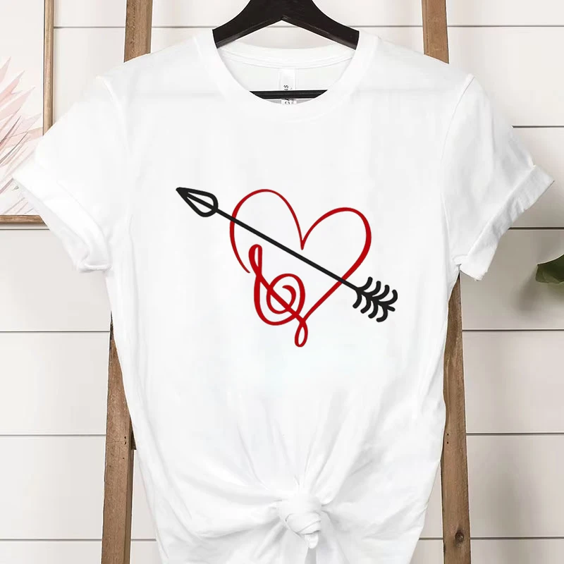 Women T-shirt Musical Note Arrow Heart Funny Tshirt Music Lover Aesthetic Tops Tees Short Sleeve Fashion Streetwear Music Tshirt