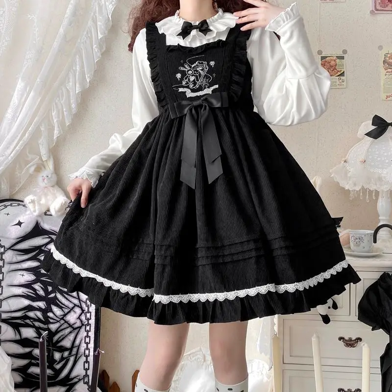 Coalfell {Stock}~ Origineel Ontwerp Schattige Winter Konijn Strik Lolita Vrouwen Jsk Band Zwarte Jurk Herfst/Winter Mini Jurk Vestido