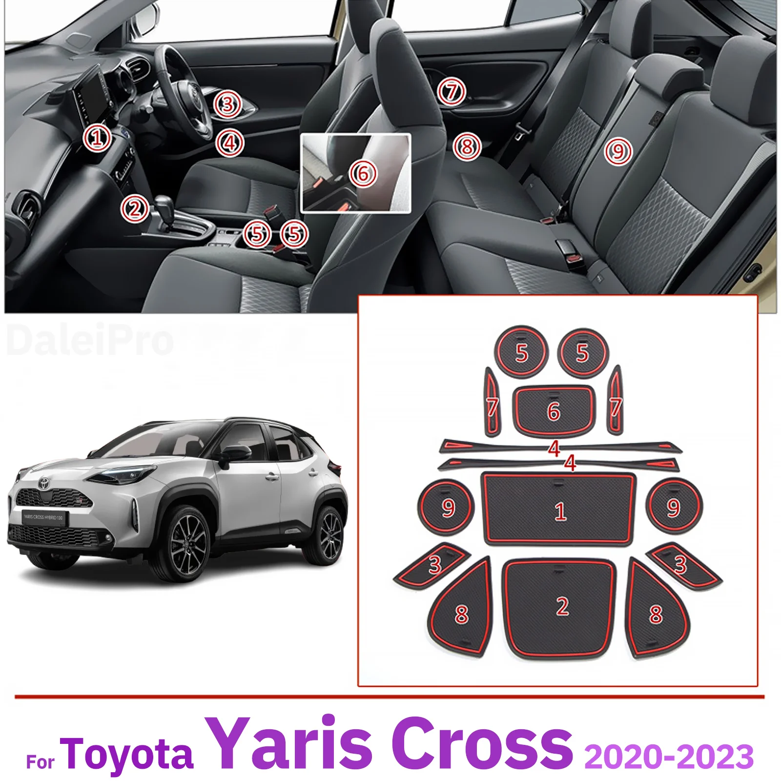 15 Stück für Toyota Yaris Cross 2020–2023, Türschlitz-Mittelkonsolen-Getränkehalter-Einlagepolster – geräuschreduzierend, rutschfest, flexibles PVC – Detail 1