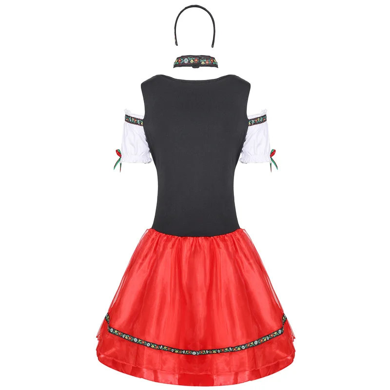 Women German Oktoberfest Costume Maid Stage Costume Carnival Party Beer Dress with Necklaces Headdresses Socks