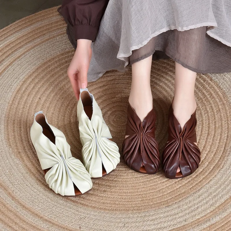 

Birkuir Женская обувь на плоской подошве с открытым носком в стиле ретро, плиссированная обувь на плоской платформе с круглым носком, обувь для отдыха на мягкой подошве из натуральной кожи на плоском каблуке