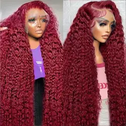 Deep Wave 99J Burgundy 13x4 Human Hair Lace Frontal Wigs 13x6 Colored Water Curly Hd 30 36 Inch Lace Front Wig Brazilian Red Wig