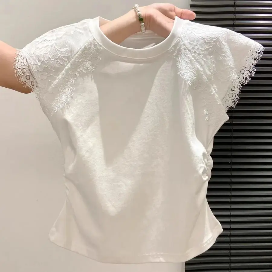 

Lace Patchwork T-shirt For Women's Summer 2025 New Elegant Pleated Slim Fit Basic Bottom Top Sweet Short Sleeved Versatile Tee