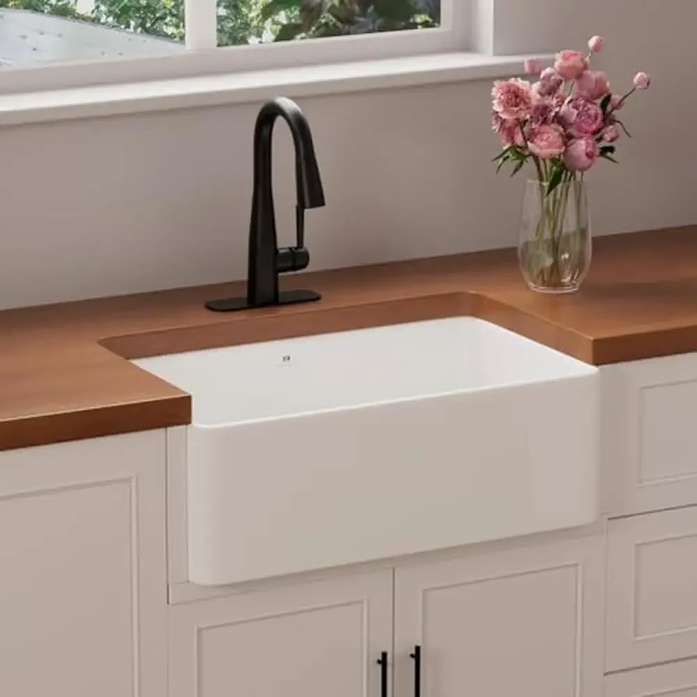 30 Inch Durable Fireclay Farmhouse Sink For Kitchen Single Bowl Basin Stain Resistant Surface Easy to Clean Spacious Design