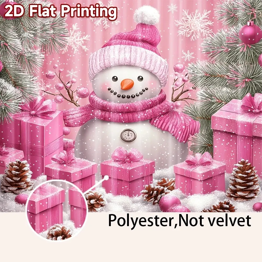2PCS Digital Print Curtain, Pink Snowman with Gift Boxes and Pine Branches, Snowflakes on Pink Background, for Window Home Decor