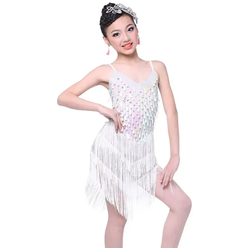 

Children Professional Fringe Ballroom Latin Dance Dress For Girls Ballroom Dancing Dresses For Kids Sequin Fringe Tassel White