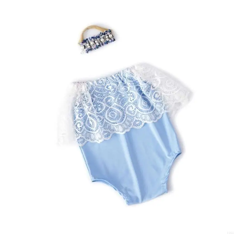 

D5QA 1 Set Newborns Photography Props Baby Girls Romper with Matching Headband Hairband Baby Outfits for Photoshoots