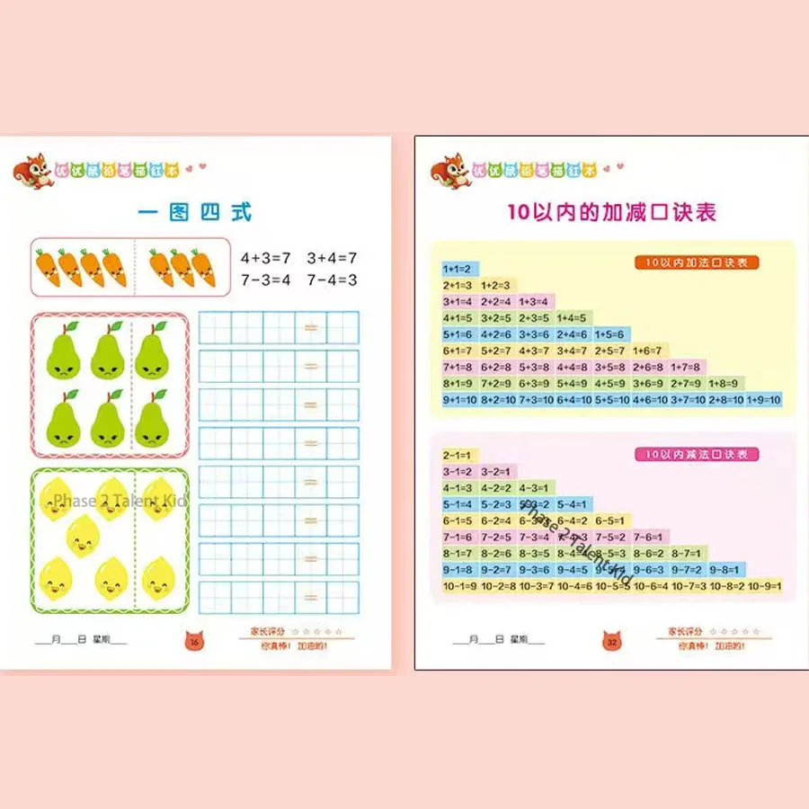 32 Seiten Kinder lernen Mathematik mit Addition und Subtraktion innerhalb von 10 Kalligraphie-Übungsnotizbüchern für Kinder