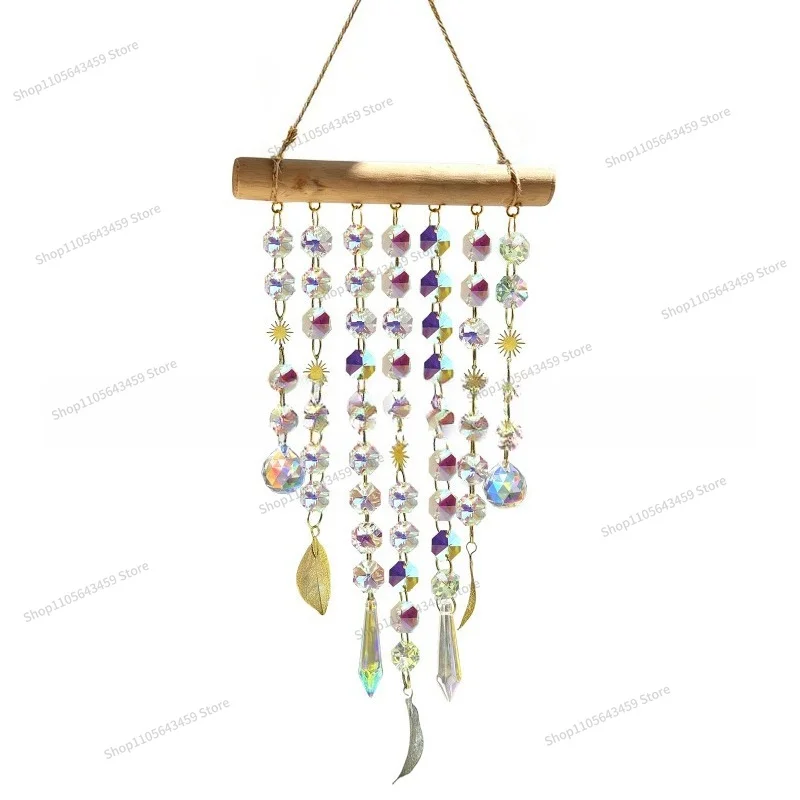 For Wooden Stick Gold Silver Leaf Sun Catcher Crystal Pendant Rainbow Light and Shadow Home Garden Hanging Decoration