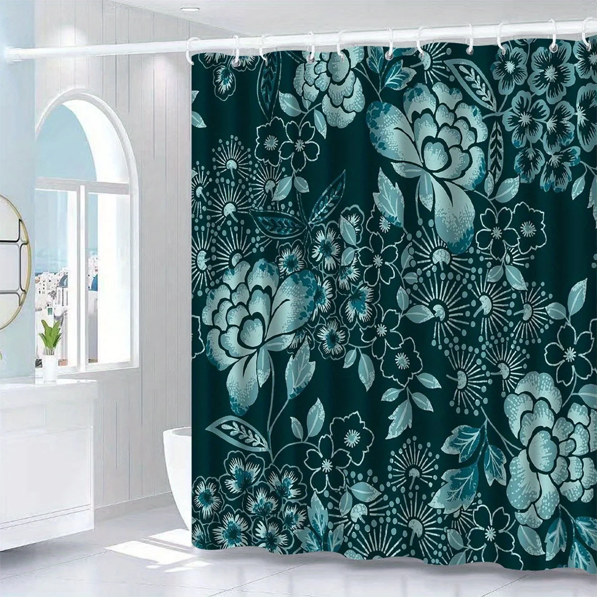 1pc Green Floral Pattern Shower Curtain with Hooks, Bathroom Partitions, Bathroom Accessories, Home Decoration