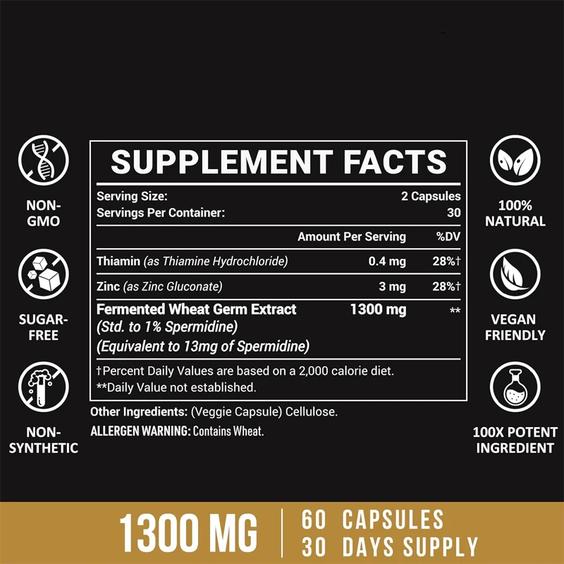 Spermidine soja 13mg contient des niveaux plus élevés de spermine et de zinc, favorisant un vieillissement sain et la fonction quotidienne du système immunitaire