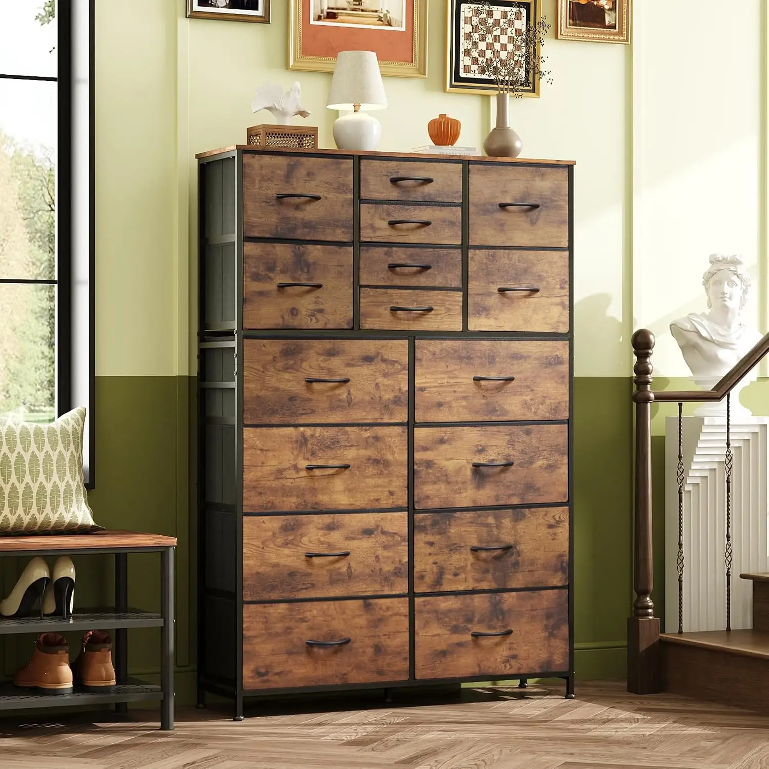 Tall Console Table 16 Drawers Entryway Storage Rustic Brown, Customized