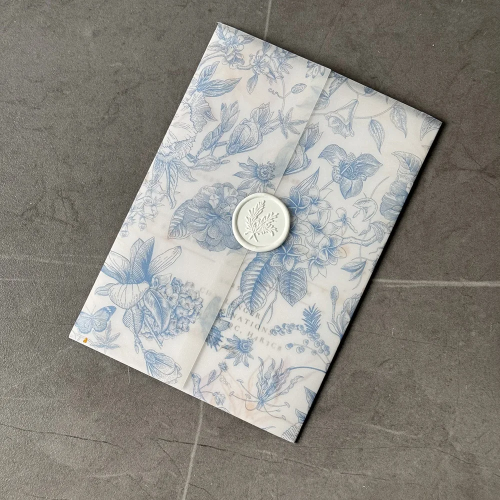 25pcs Blue green or pink flower Vellum  Wrap suitable for a 5 x 7 Wedding Invitation