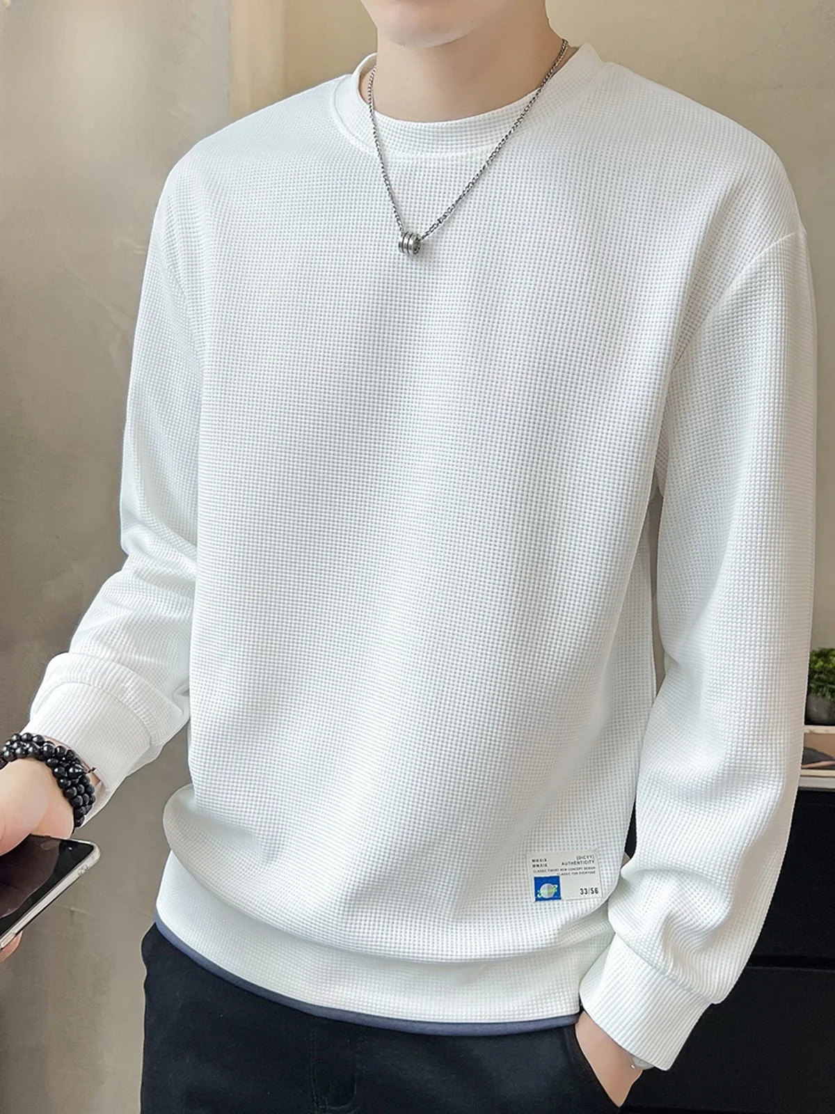 

Мужская футболка с длинным рукавом и круглым вырезом, базовый слой, весенняя новинка, модный белый свитшот, молодежный свободный крой, полиэстер...