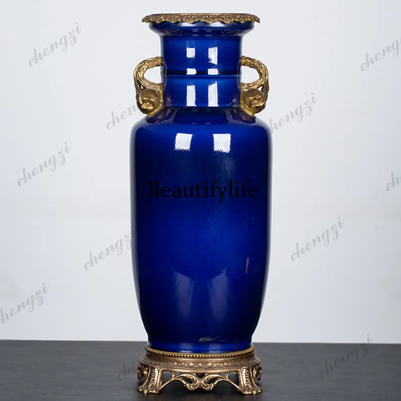 Binaural copper pomegranate mallet vase copper inlaid ceramics high-end sense vase light luxury ornament