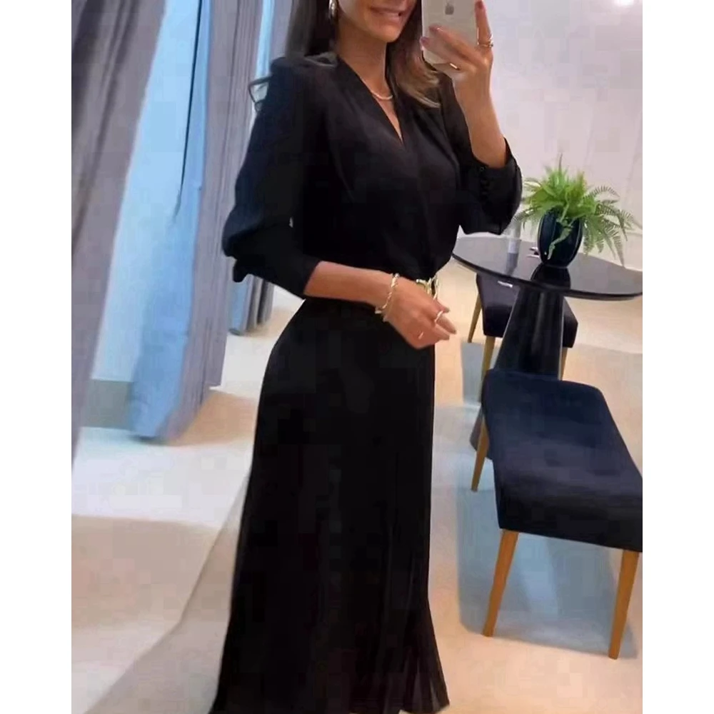 Summer Women Long Sleeve Satin Black Long Dresses Fashion V Neck Slim Waist Dress-without Belt Puff Sleeve Pleated Dress
