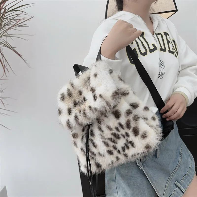 Y2k Plush Backpack Women Small Cute Drawstring Leopard Fluffy Bag Solid Soft Fleece Knapsack Winter Warm Faux Fur Mini Backpack