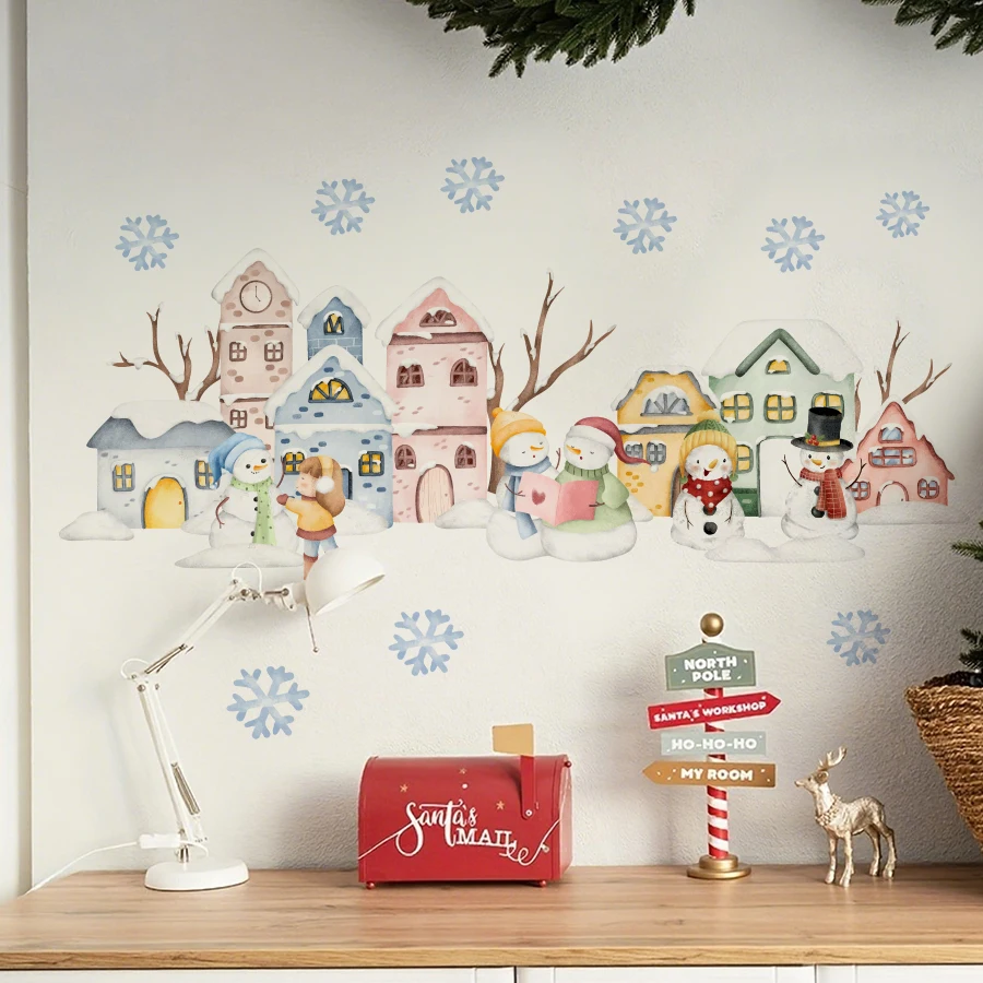 Warm Watercolor Snowman Colorful Cottage Nursery Wall Stickers Removable Self-Adhesive For Nursery Living Room Kids' Room Decor